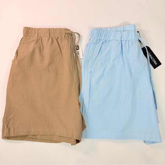 BUNDLE - NWT Noracora Womens L Cotton Linen Tan Blue Shorts Pockets - Picture 3 of 10